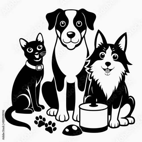 Black and White Pet Trio Illustration: Cat, Dog, and Border Collie with Accessories