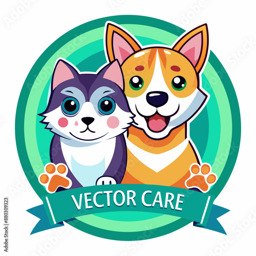 Pet Care Logo with Happy Dog and Cats in Cartoon Style – Veterinary and Pet Services Design