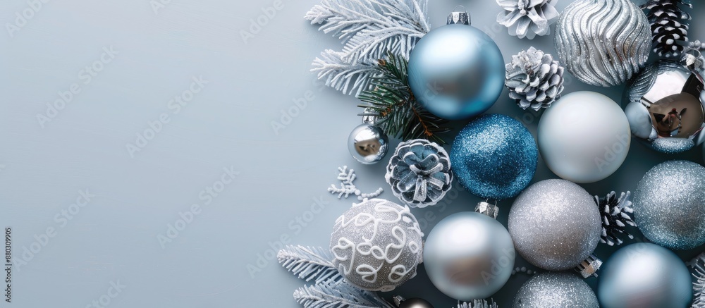 Copy space image featuring Christmas decorations in white, silver, and blue against a grey backdrop. Copy space image featuring Christmas decorations in white, silver, and blue against a grey backdrop.
