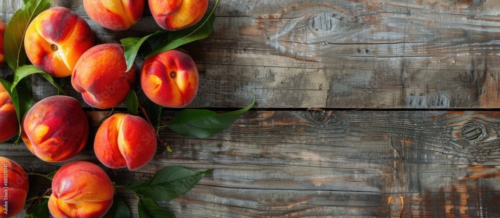 Organic peaches arranged on a wooden table, showcasing a local harvest. Emphasizing clean eating with a top view and a copy space image. Organic peaches arranged on a wooden table, showcasing a local harvest. Emphasizing clean eating with a top view and a copy space image.