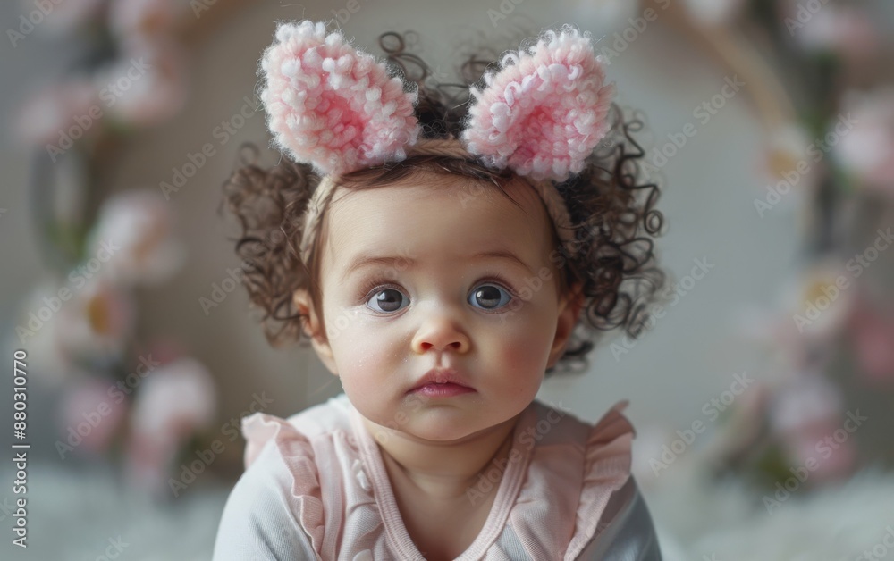 A baby girl wearing a pink headband with bunny ears. She is looking at the camera with a smile A baby girl wearing a pink headband with bunny ears. She is looking at the camera with a smile