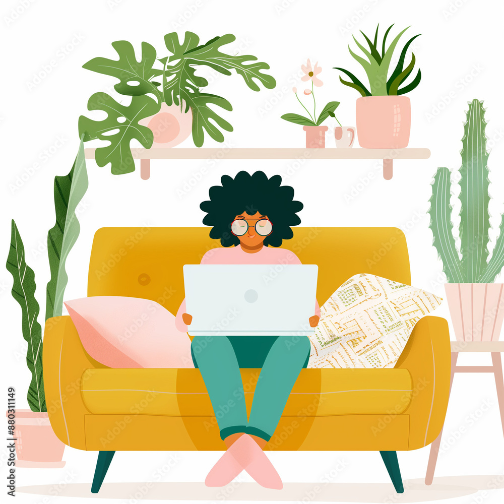 Fototapeta premium An illustration of a woman with a large afro hair working on a laptop at a desk with plants and a coffee mug.surrounded by houseplants