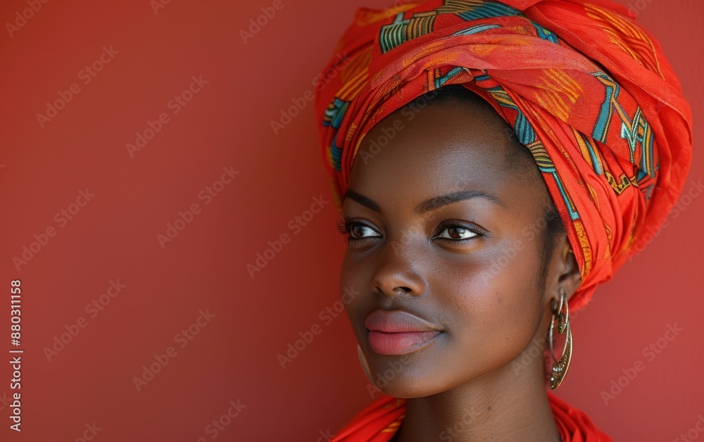 A woman wearing a red scarf and gold earrings. She has a smile on her face A woman wearing a red scarf and gold earrings. She has a smile on her face