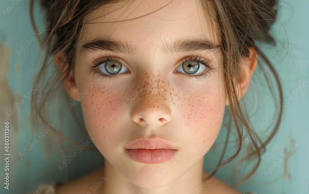 A young girl with blue eyes and a pinkish face. She has a light pink lip color A young girl with blue eyes and a pinkish face. She has a light pink lip color