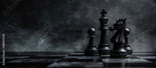 Chess pieces strategically placed on a dark backdrop with ample copy space image.