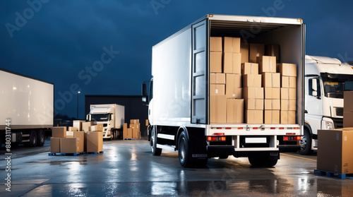 A white semi-truck is parked in a loading dock at night with its doors open revealing a full load of boxes. The truck is facing away from the camera and parked beside another semi-truck