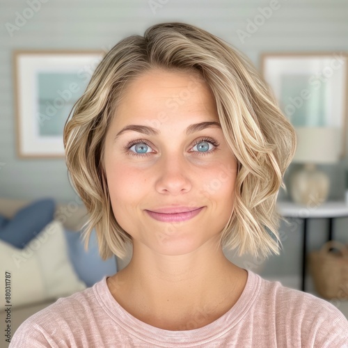 A beautiful blonde woman with blue eyes smiling in her modern living room on blur background