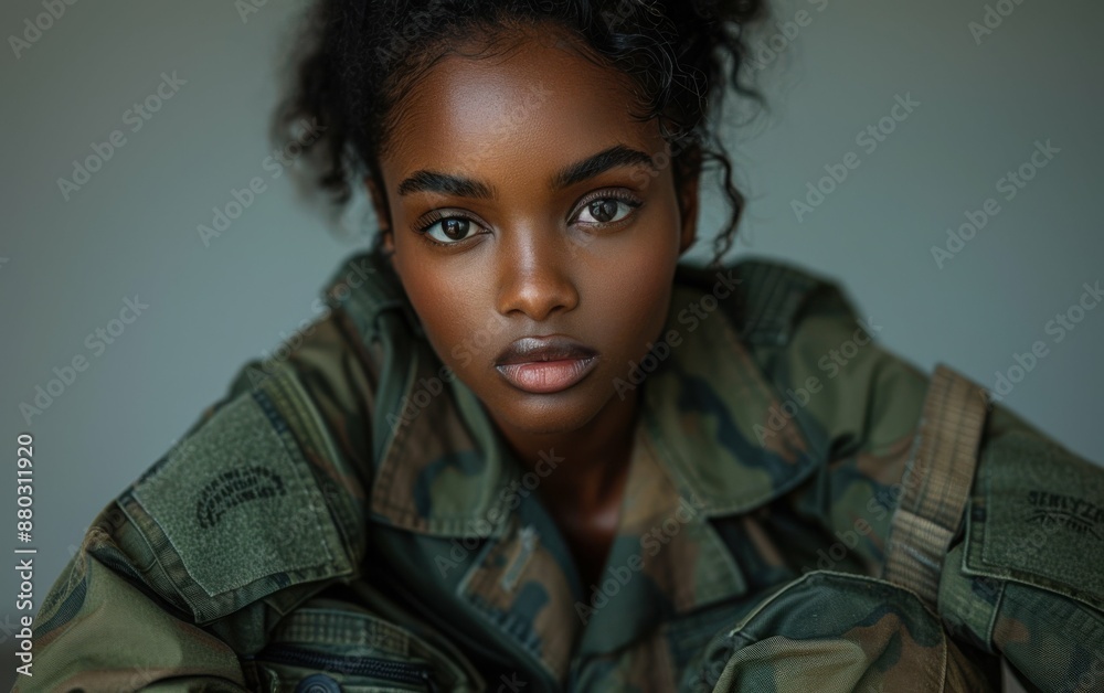 A woman with a military uniform is sitting on the ground. She has a serious expression on her face A woman with a military uniform is sitting on the ground. She has a serious expression on her face