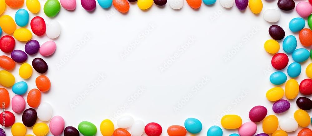 Colorful candy pebbles arranged in a frame with a white copy space image in the center. Colorful candy pebbles arranged in a frame with a white copy space image in the center.