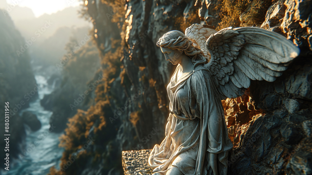 Fototapeta premium Beautiful Angel Statue With Wings In The Rocky And Foggy Mountains On Blurry Background