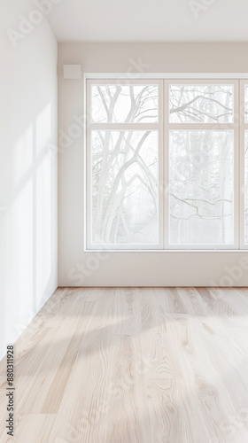 Empty room in a property with plain natural lighting and copy space. Residential Real Estate mockup composition with minimal furniture.