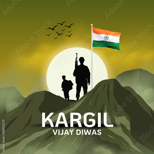 Happy kargil vijay diwas. vector illustration of Indian army standing on mountain peak with Indian flag. Creative vector illustration design