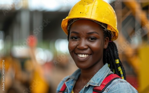 A woman wearing a yellow hard hat and blue jacket is smiling