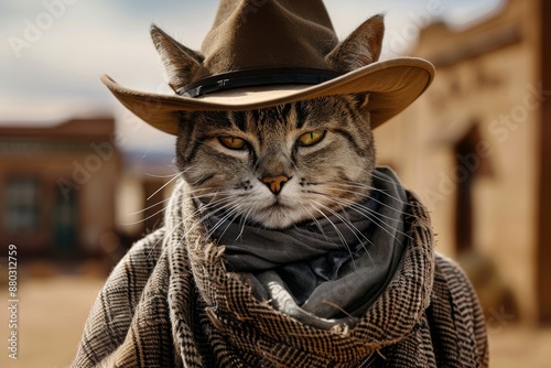 Wild West Cat Ears Gunslinger in Desert Town with Wanted Poster, Duel at Noon.