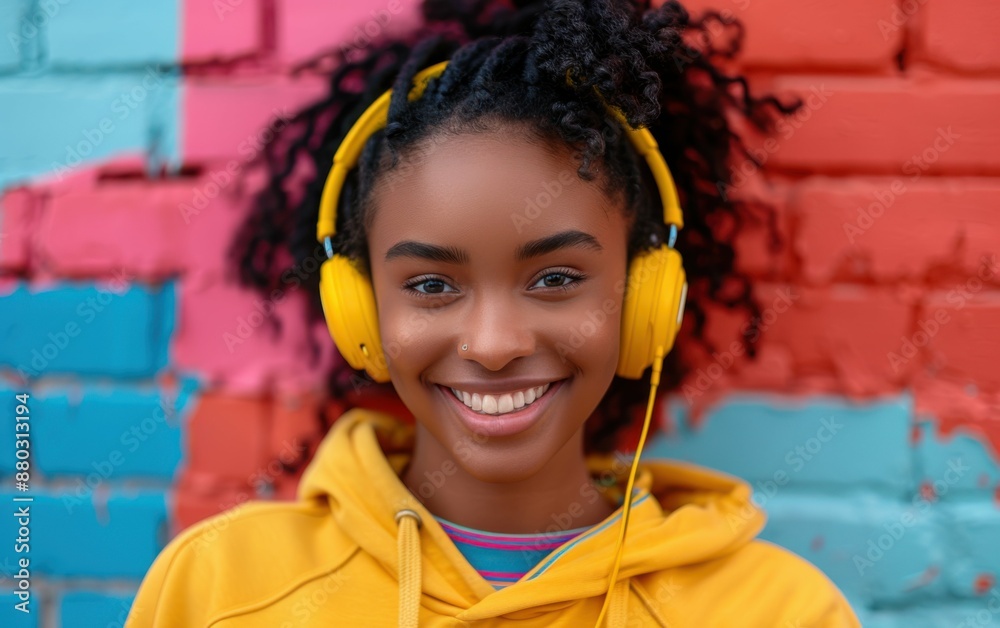 A young woman wearing a yellow hoodie and headphones is smiling. She is wearing a yellow headband and has a nose piercing A young woman wearing a yellow hoodie and headphones is smiling. She is wearing a yellow headband and has a nose piercing