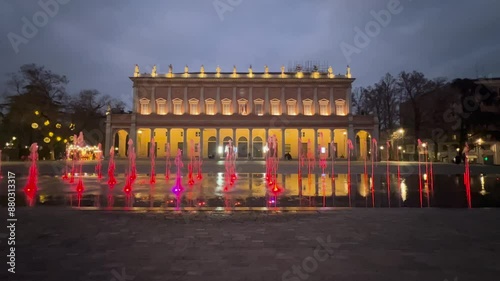 Reggio Emilia victory square bright colored fountains in front of the valli theater. High quality 4k footage