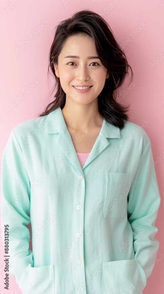 beautiful smiling Asian woman in a light blue shirt and short hair posing on a pink background beautiful smiling Asian woman in a light blue shirt and short hair posing on a pink background