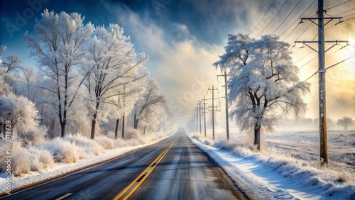 A snow-covered rural road stretches into the misty distance, flanked by icy electrical power lines and bare, frosty trees.