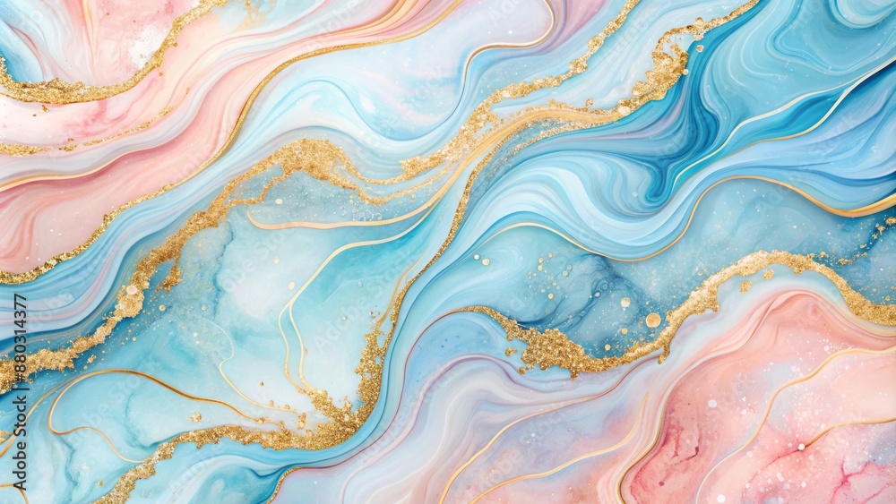 Soft pastel pink-blue abstract watercolor background with golden fluid ...