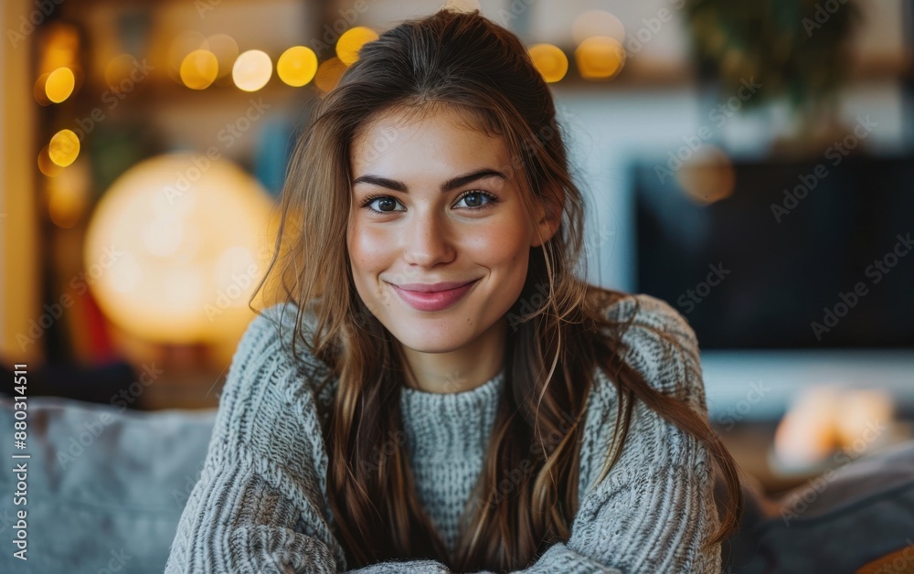 A woman is sitting on a couch and smiling. She is wearing a sweater and has her hair pulled back A woman is sitting on a couch and smiling. She is wearing a sweater and has her hair pulled back