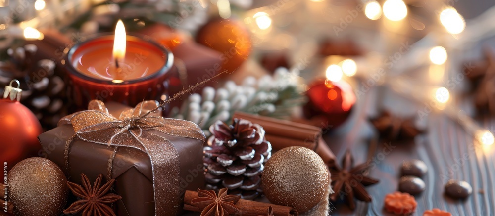 A cozy winter scene featuring a burning candle, Christmas gifts, cinnamon, brunch, and candy, with a festive ambiance and copy space image. A cozy winter scene featuring a burning candle, Christmas gifts, cinnamon, brunch, and candy, with a festive ambiance and copy space image.