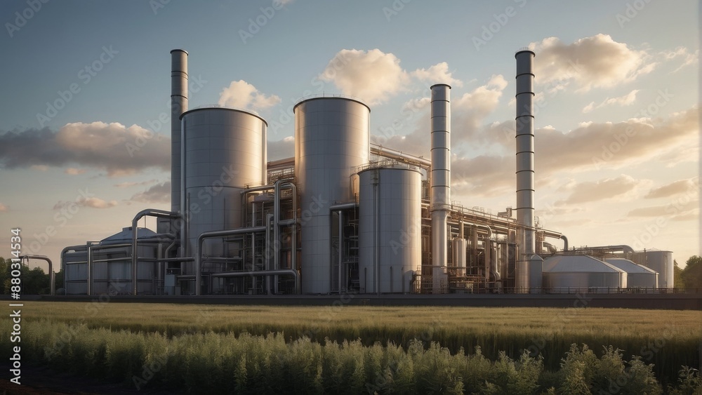 A rendering of a biomass power plant with boiling tanks and hovering turbines A rendering of a biomass power plant with boiling tanks and hovering turbines