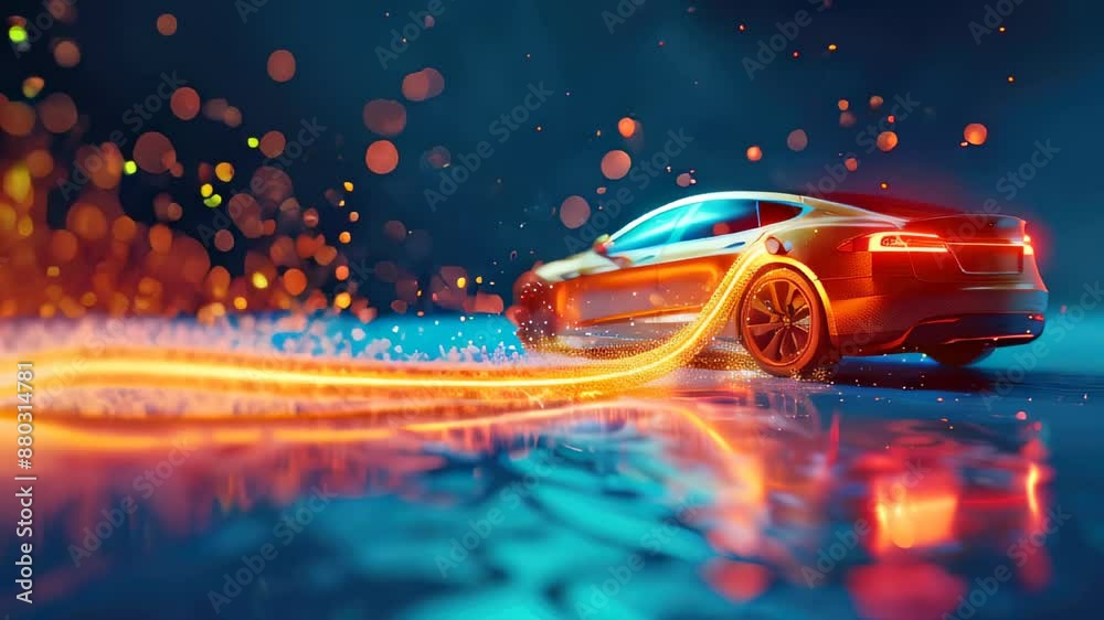 Futuristic electric car in motion with dynamic light trails night scene