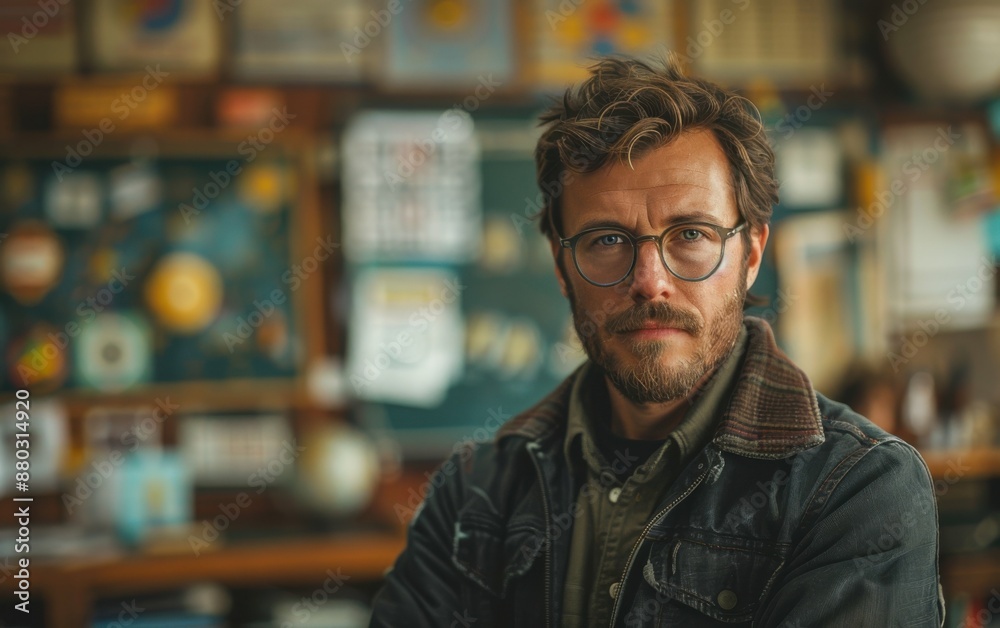 A man with glasses and a beard is standing in front of a wall of posters. He is wearing a blue jacket and a green shirt A man with glasses and a beard is standing in front of a wall of posters. He is wearing a blue jacket and a green shirt