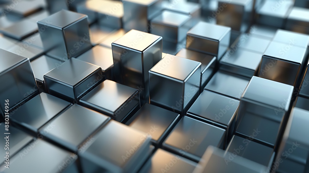 Modern stylish block-like wall design featuring 3D blocks with metallic surfaces, creating a futuristic and sleek abstract background Modern stylish block-like wall design featuring 3D blocks with metallic surfaces, creating a futuristic and sleek abstract background