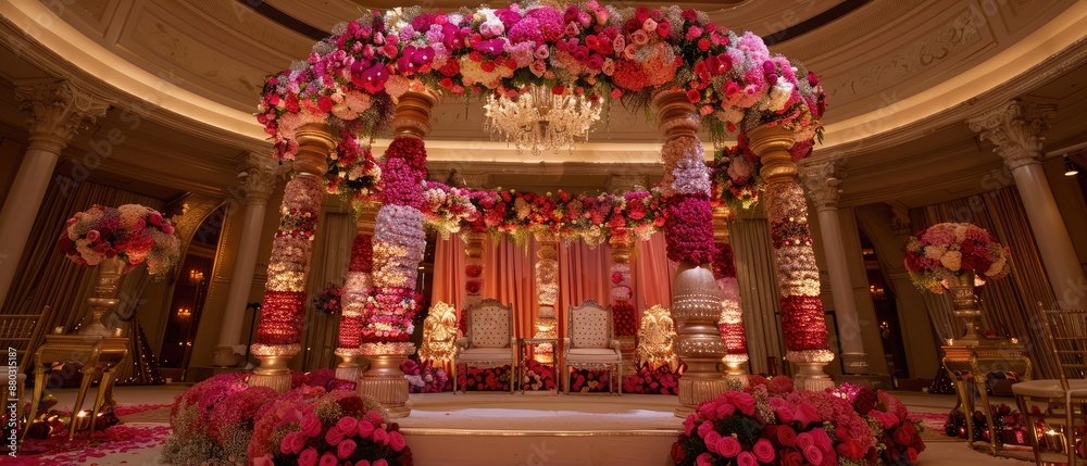 Obraz premium hindu wedding mandap illustration featuring a beautifully decorated structure with pink and red flowers and two chairs inside