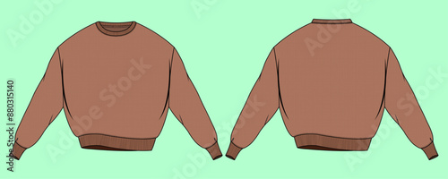 ladies nightwear brown color waffle oversize crew neck sweatshirt for sleepwear fashion illustration flat sketch vector.