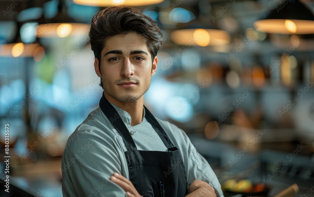 A man in a chef's uniform stands in front of a kitchen counter with his arms crossed. He looks confident and proud of his work A man in a chef's uniform stands in front of a kitchen counter with his arms crossed. He looks confident and proud of his work