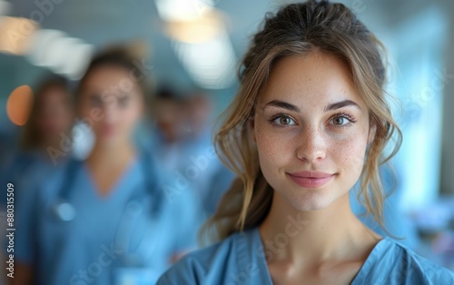 A woman with a smile on her face is standing in front of a group of people. She is wearing a blue shirt and a white cap