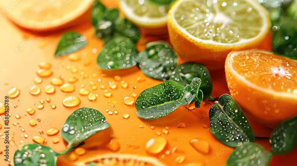 Fresh citrus fruits and green leaves with water drops on orange background