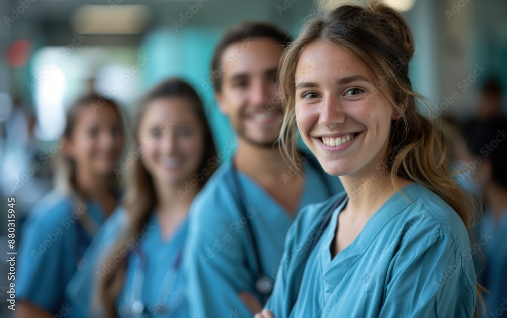A group of smiling medical professionals in blue scrubs. The woman in the center is smiling and the others are also smiling A group of smiling medical professionals in blue scrubs. The woman in the center is smiling and the others are also smiling