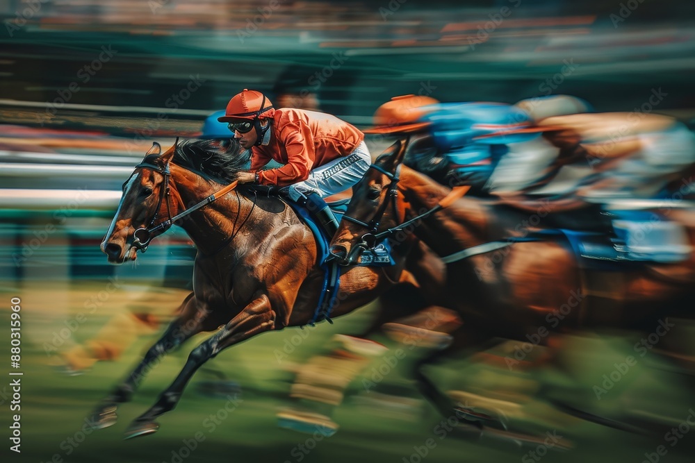 Naklejka premium Dynamic Horse Race Action with Blurred Crowd Background.