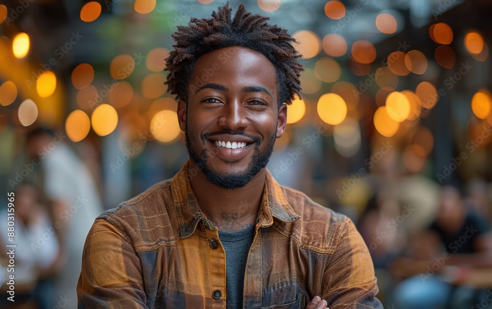 A man with a beard and a smile is posing for a picture. He is wearing a brown shirt and a plaid shirt. The background is blurry, and there are other people in the scene A man with a beard and a smile is posing for a picture. He is wearing a brown shirt and a plaid shirt. The background is blurry, and there are other people in the scene