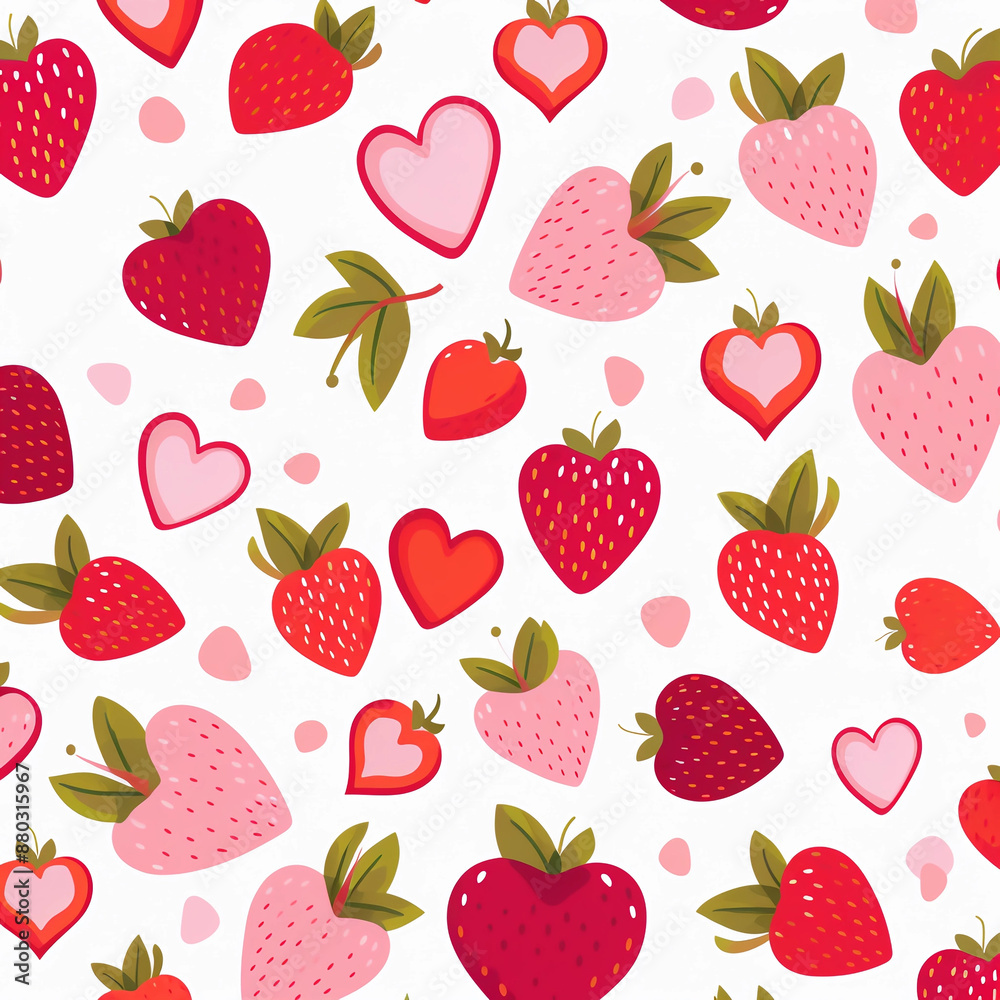 Cute Valentine's Day seamless pattern with strawberries and hearts on a white background Cute Valentine's Day seamless pattern with strawberries and hearts on a white background