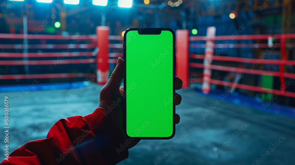 person holding a smartphone mockup with green screen at the boxing stadium.
