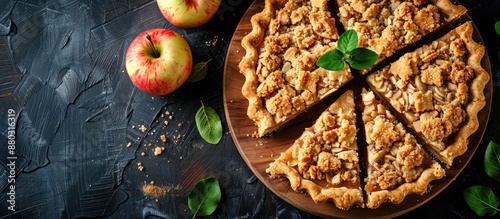 Top view of apple crumble pie slices on a wooden board with ample copy space image. photo