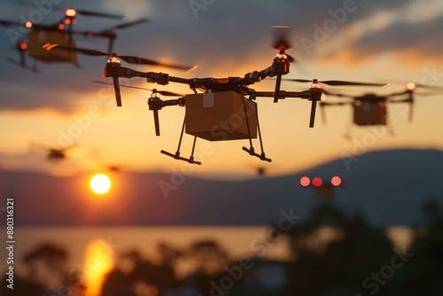 A drone hovering above a suburban house, capturing aerial view, AI-controlled drones delivering packages for online shopping, AI generated