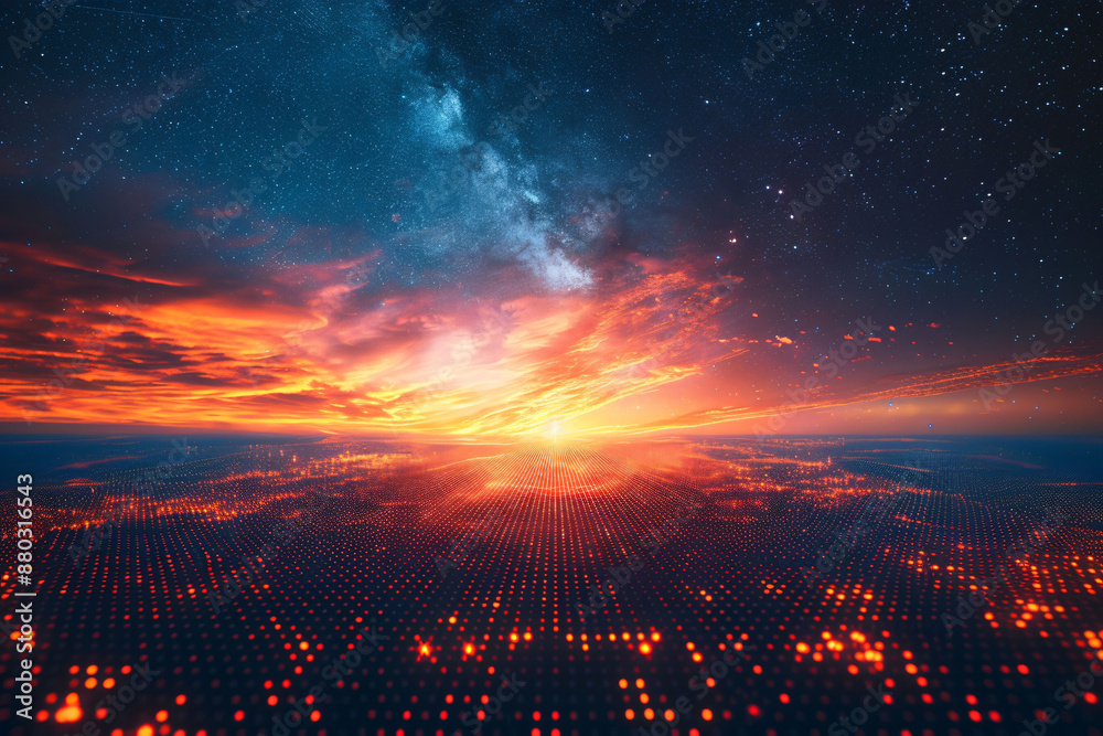 Fototapeta premium Laser grid landscape stretching into infinity under a starry sky, colors shifting from deep blue to vibrant orange