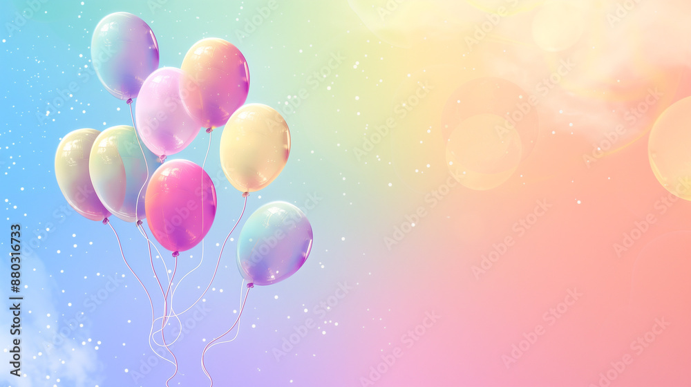 Fototapeta premium Colorful balloons floating in the sky with a rainbow gradient background. Balloons located corner 