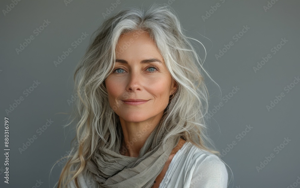 Fototapeta premium A woman with long gray hair and a scarf around her neck is smiling. She looks happy and content
