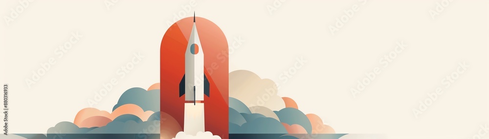 A rocket ship launching into space. The rocket is surrounded by clouds. A rocket ship launching into space. The rocket is surrounded by clouds.