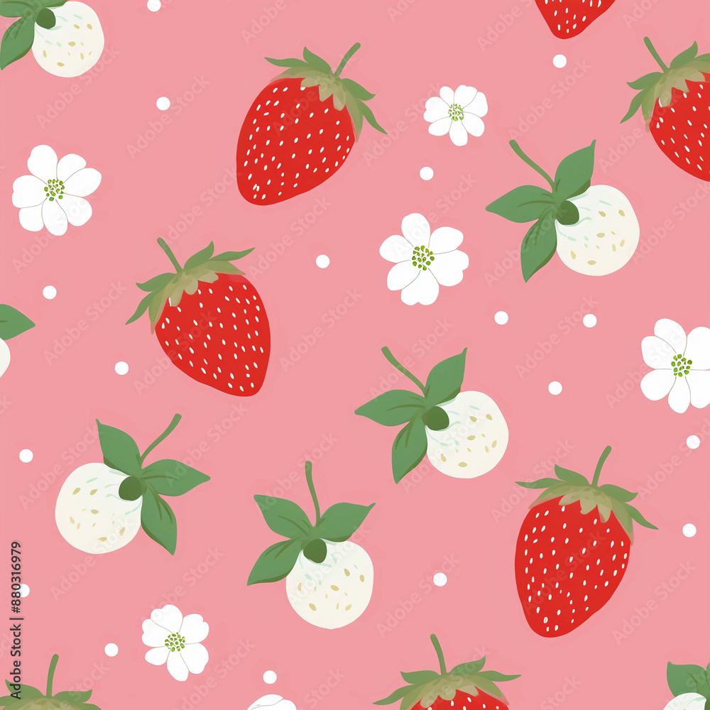 pink background with white polka dots and strawberries pink background with white polka dots and strawberries