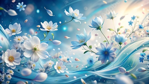 Delicate white and blue flower petals swirl in a whimsical dance, surrounded by a soothing blue wind and fragrance waves, evoking spring's freshness.