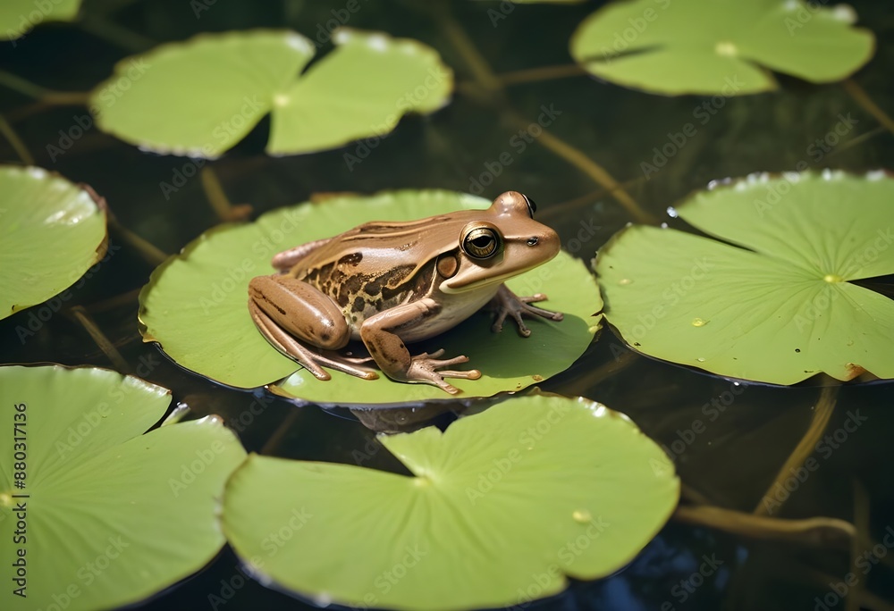 Macro shot of a frog, a frog sitting on a leaf floating on a lake Macro shot of a frog, a frog sitting on a leaf floating on a lake