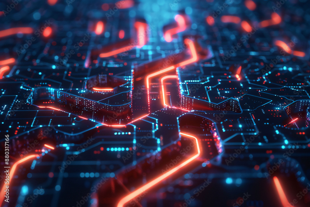 High-tech encryption visualized as a complex maze of glowing lines and nodes, symbolizing secure data paths in blue and red
