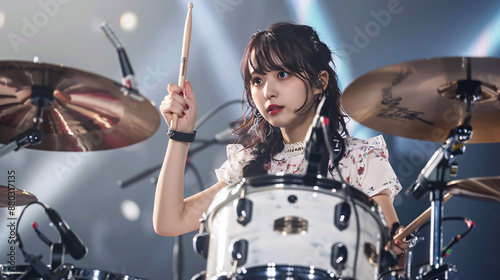 Obraz na płótnie ステージでドラムを演奏する若いアジア人女性のエネルギッシュなポートレート.
